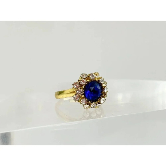 Vintage Gold Tone Blue Gemstone Halo Floral Adjustable Multi Stone Ring - size 9 - Picture 2 of 9
